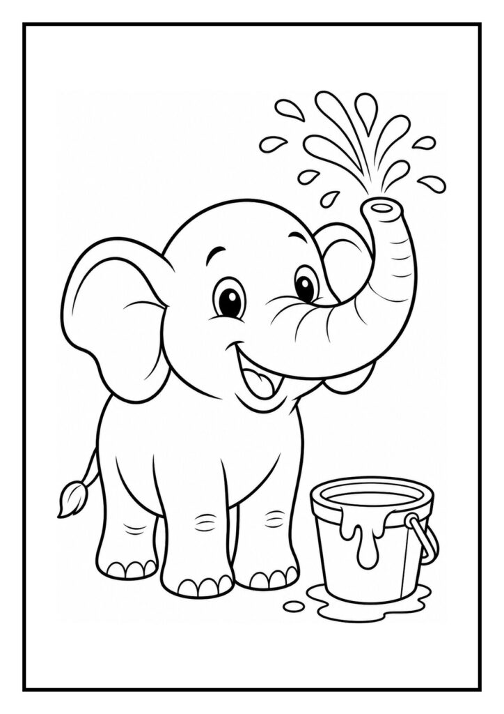 Leuke kleurplaat van een schattige olifant die water spuit met zijn slurf naast een emmer water