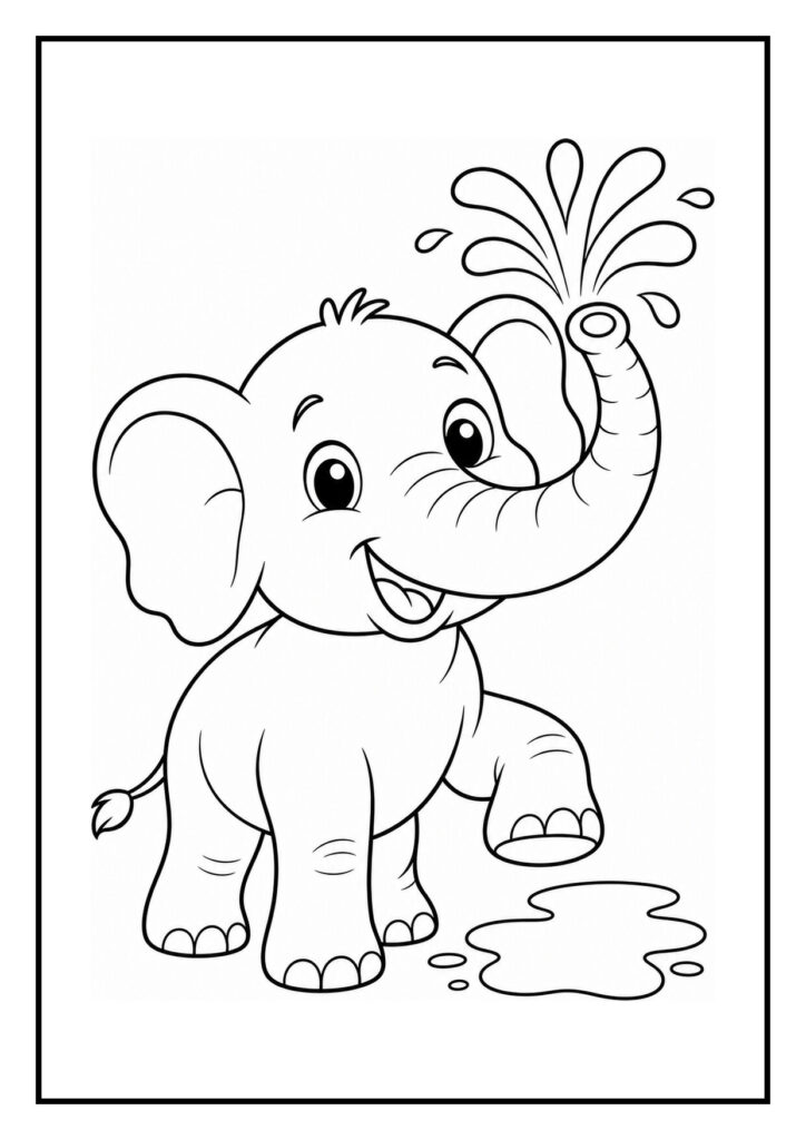 Leuke kleurplaat van een schattige baby olifant die water spuit met zijn slurf terwijl hij een pad volgt naar een watermeloen