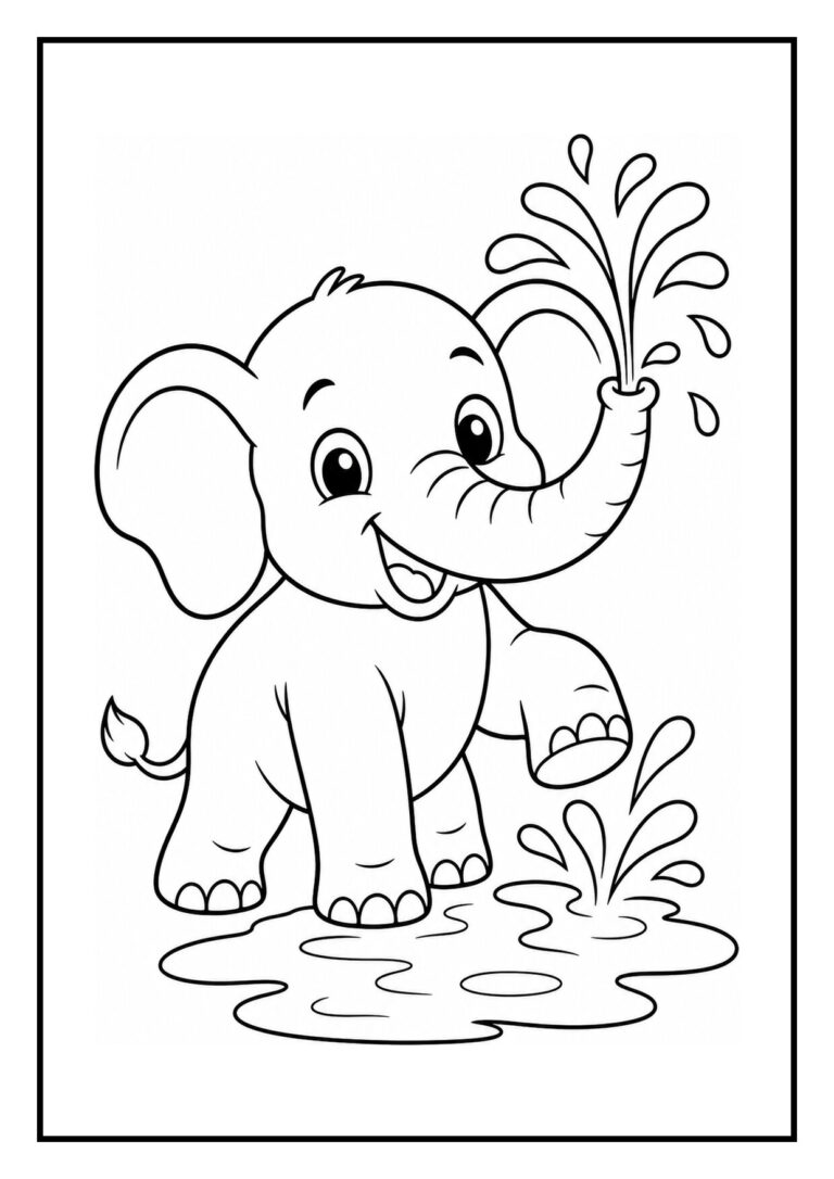 Vrolijke baby olifant die met zijn slurf een toren bouwt op de kleurplaat