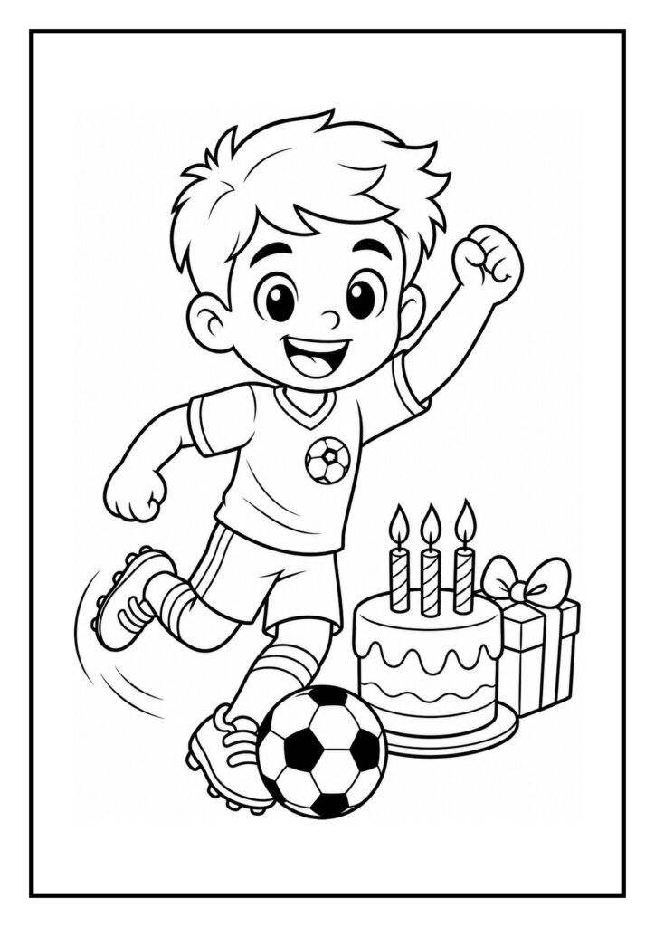 Vrolijke kleurplaat van een jongen die met een voetbal speelt naast een verjaardagstaart met drie kaarsjes en een cadeautje