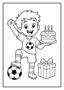 Kleurplaat van een vrolijk jongetje met een voetbalshirt, een voetbal, een verjaardagstaart met drie kaarsjes en een cadeau.