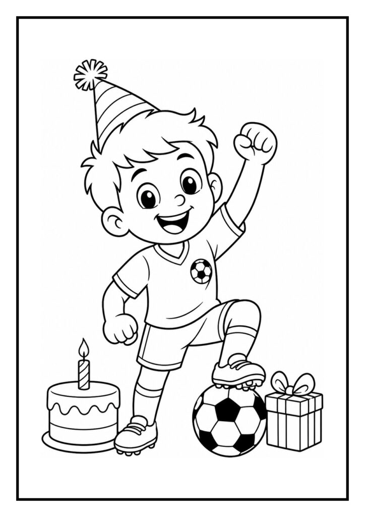 Vrolijke jongen met voetbal en verjaardagsmuts naast een verjaardagstaart en cadeau op een kleurplaat