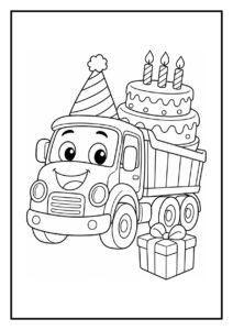 Vrolijke vrachtwagen met feesthoed, grote verjaardagstaart en cadeau voor kinderen om in te kleuren