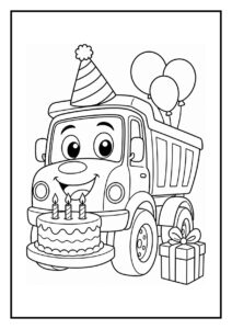 Kleurplaat van een vrolijke vrachtwagen met een feesthoed, een verjaardagstaart met kaarsjes, ballonnen en een cadeau.