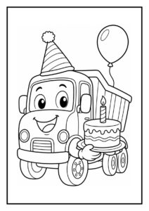 Kleurplaat van een lachende bus met een verjaardagstaart en feesthoed, op weg naar een verjaardagsfeest