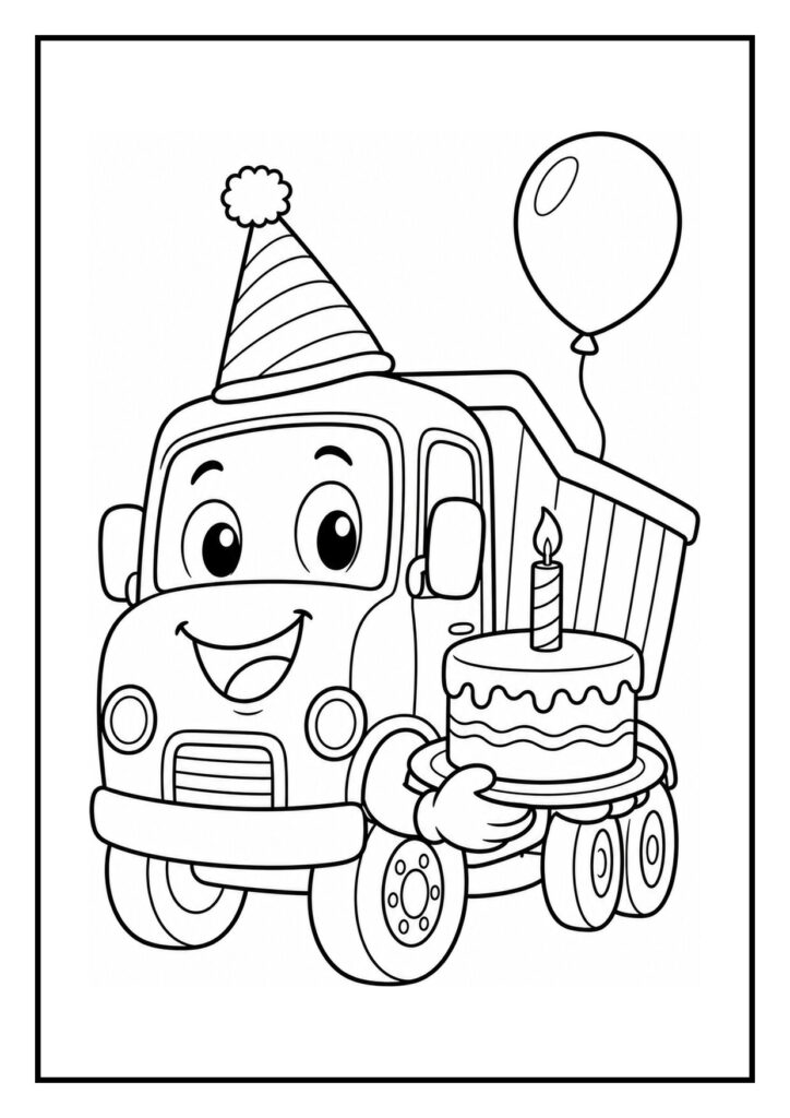 Kleurplaat van een lachende bus met een verjaardagstaart en feesthoed, op weg naar een verjaardagsfeest