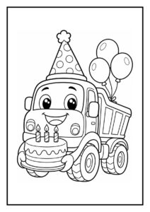 Kleurplaat van een vrolijke vrachtwagen met een feesthoed, ballonnen en een verjaardagstaart die wordt opgetild door een hijskraan.