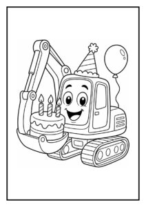 Kleurplaat van een feestelijke graafmachine met een feestmuts, verjaardagsslinger, taart met kaarsjes en een ballon.