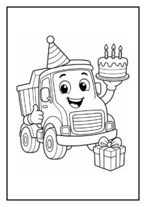 Kleurplaat van een vrolijke kiepwagen met een feesthoed die een verjaardagstaart en een cadeau vasthoudt