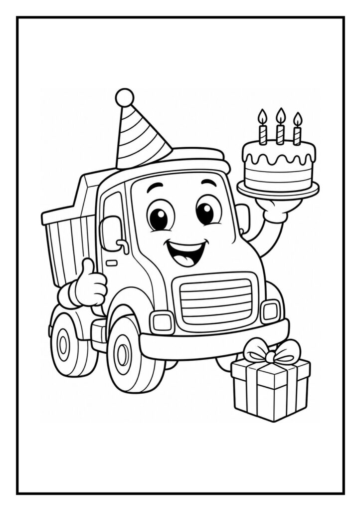 Kleurplaat van een vrolijke kiepwagen met een feesthoed die een verjaardagstaart en een cadeau vasthoudt