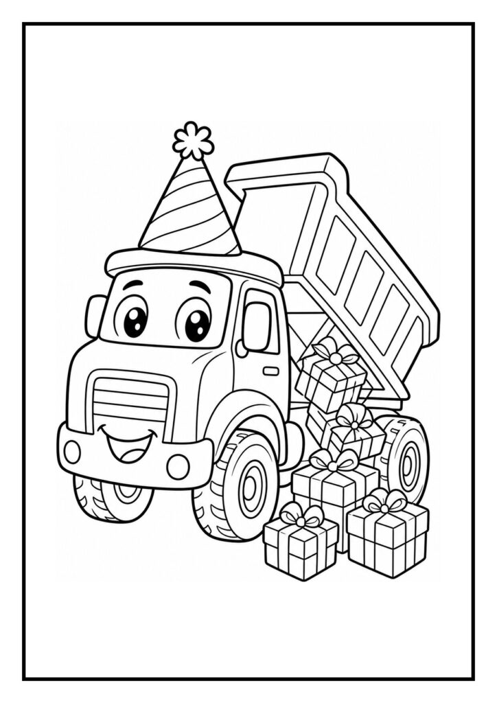 Kleurplaat van een vrolijke kiepwagen met een feesthoed en cadeautjes voor een verjaardag