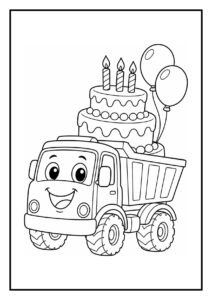 Kleurplaat van een vrolijke kiepwagen met een verjaardagstaart en ballonnen.