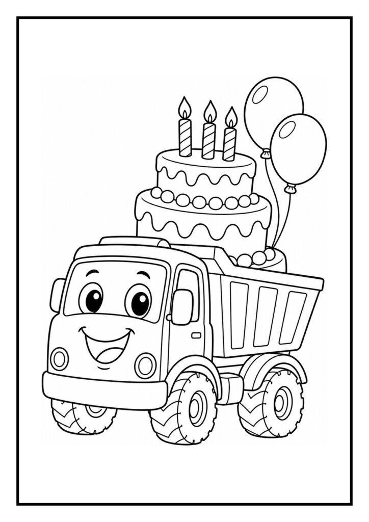 Kleurplaat van een vrolijke kiepwagen met een verjaardagstaart en ballonnen.
