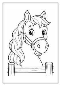 Vrolijke kleurplaat van een vriendelijk paardenhoofd met wapperende manen achter een hek, geschikt voor kinderen