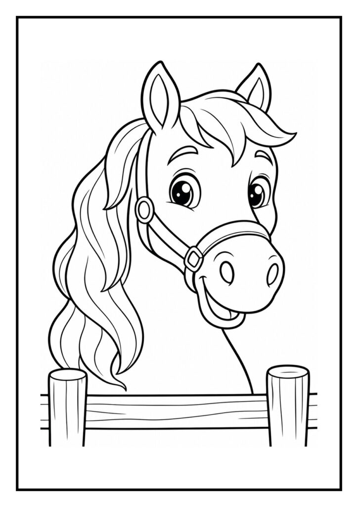 Vrolijke kleurplaat van een vriendelijk paardenhoofd met wapperende manen achter een hek, geschikt voor kinderen