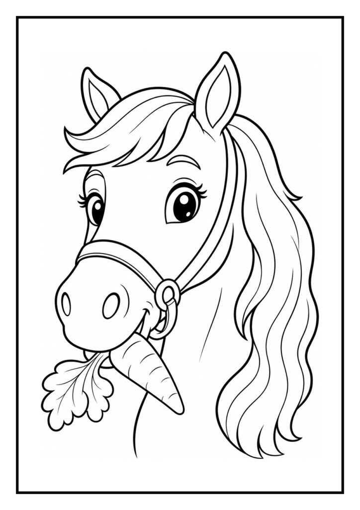 Kleurplaat van een schattig paardenhoofd dat voorzichtig met een wortel in zijn mond over een hek reikt