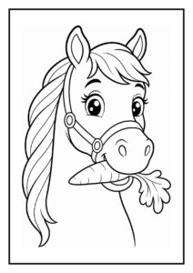 Kleurplaat van een lief paard met grote ogen en een wortel in zijn mond