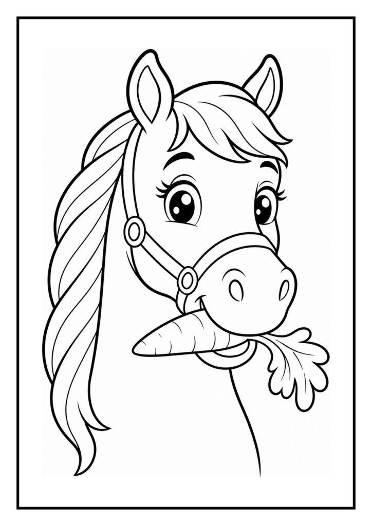 Kleurplaat van een lief paard met grote ogen en een wortel in zijn mond