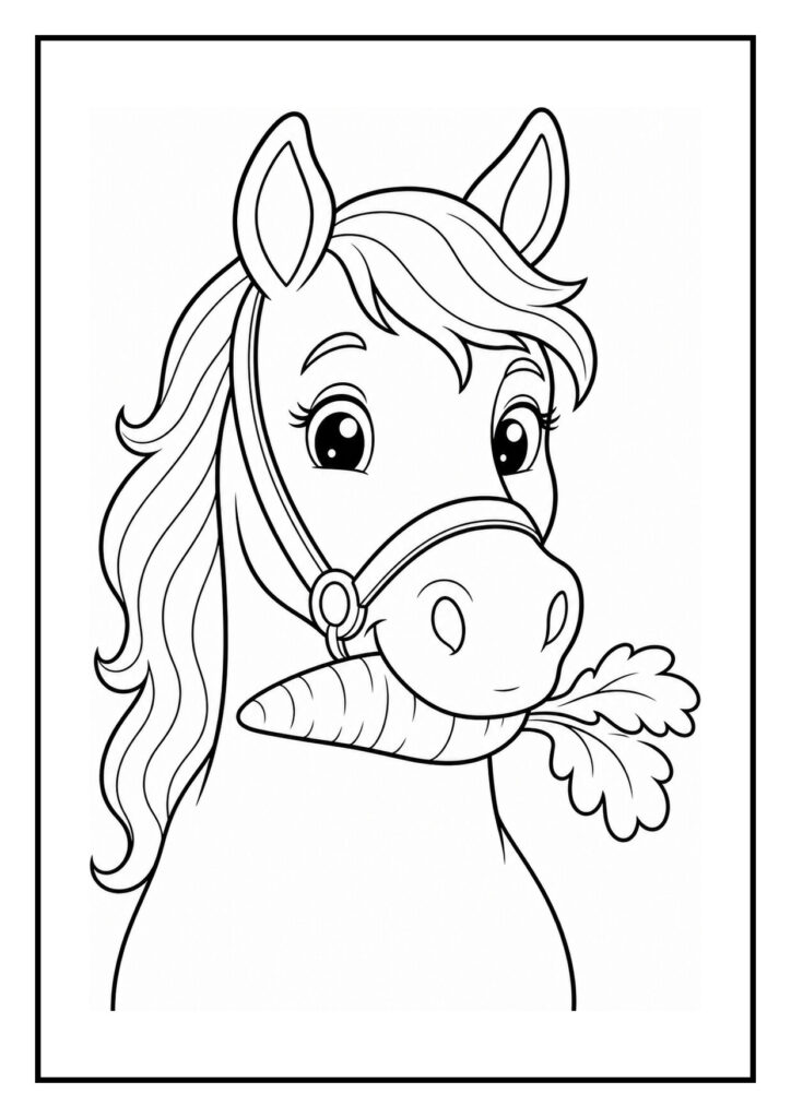 Kleurplaat van een schattig paardenhoofd dat uit een hooibaal tevoorschijn komt met een wortel in zijn bek