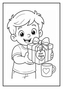 Kleurplaat van een vrolijke jongen die een cadeau vasthoudt met de tekst Voor Papa en een mok met een hartje.