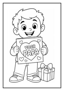 Een vrolijke jongen die een uitklapbare Vaderdagkaart vasthoudt met een cadeau naast hem voor papa.