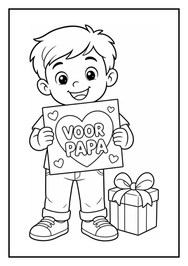 Vrolijke kleurplaat van een jongetje dat een vaderdagkaart vasthoudt en naast een cadeau staat