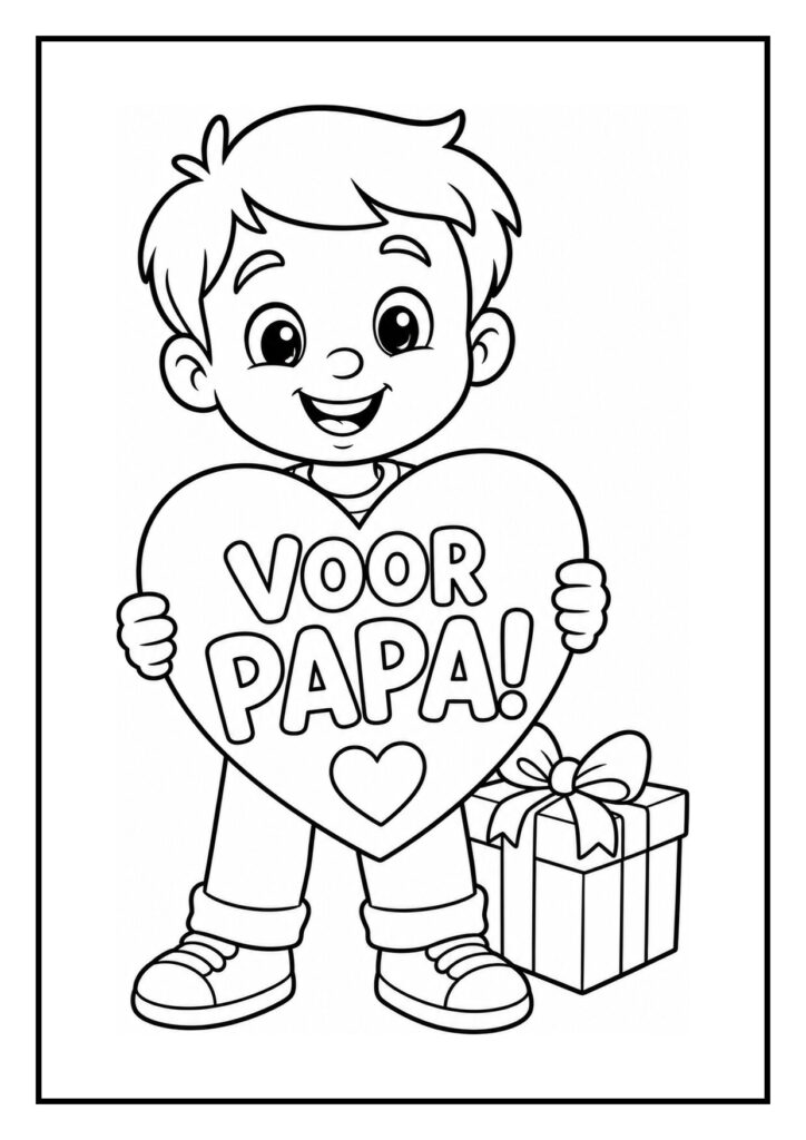Kleurplaat van een vrolijke jongen die een hart vasthoudt met de tekst 'VOOR PAPA!' en een cadeau erbij