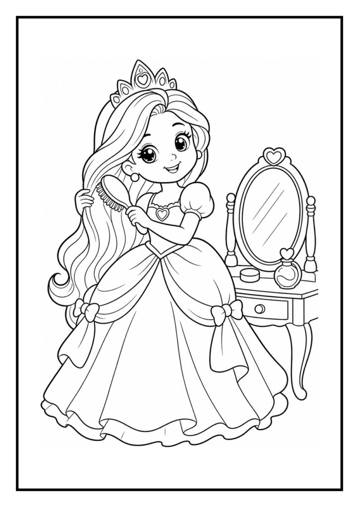 Kleurplaat van een vrolijke prinses die haar lange haar kamt voor een spiegel