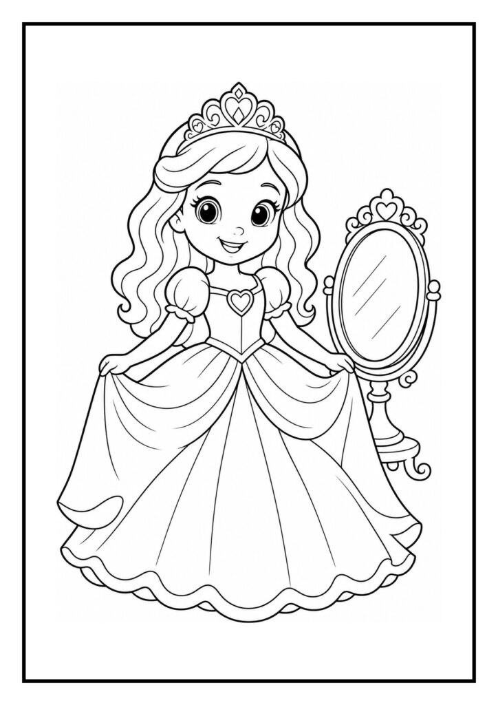 Kleurplaat van een vrolijke kleine prinses met jurk en diadeem die een zwaan voert op een meer