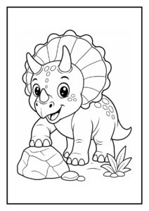 Schattige Triceratops kleurplaat met een vrolijke dinosaurus die net uit het ei breekt en op een rots staat.