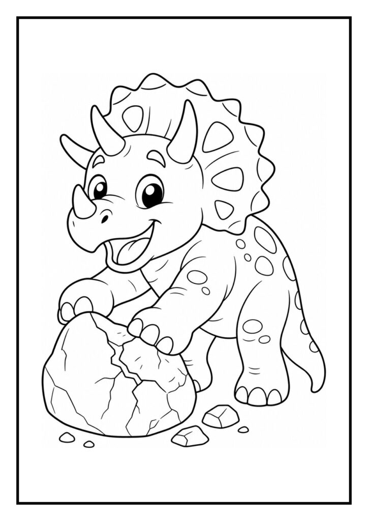 Kleurplaat van een schattige Triceratops die een vastgelopen schildpad helpt