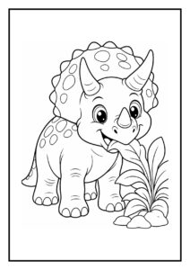 Vrolijke triceratops die bladeren van een hoge struik eet kleurplaat voor kinderen