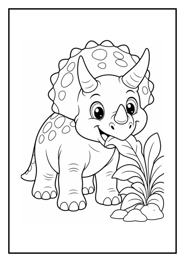 Vrolijke triceratops die bladeren van een hoge struik eet kleurplaat voor kinderen