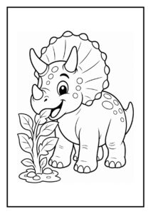 Leuke kleurplaat van een vrolijke triceratops die zijn eieren beschermt.