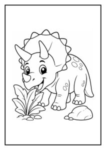 Vrolijke Triceratops die een kar vol stenen trekt en blaadjes eet op een eenvoudige kleurplaat