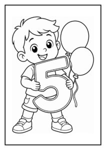 Een vrolijk jongetje blaast vijf kaarsjes uit met een ballon in zijn hand, kleurplaat voor kinderen.