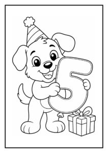 Kleurplaat van een vrolijke puppy met een feestmuts die een ballon in de vorm van het cijfer vijf vasthoudt naast een cadeau en confetti