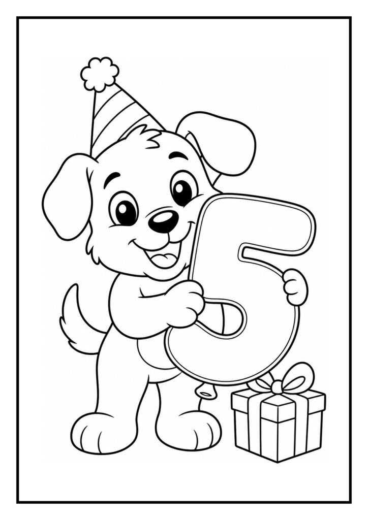Kleurplaat van een vrolijke puppy met een feestmuts die een ballon in de vorm van het cijfer vijf vasthoudt naast een cadeau en confetti