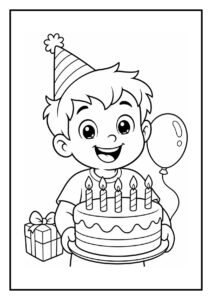 Kleurplaat van een vrolijke jongen met feesthoed die een verjaardagstaart met kaarsjes vasthoudt, met een ballon en cadeau op de achtergrond