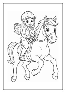 Kleurplaat van een vrolijk meisje te paard met een helm die een draaibeweging oefent op de manege