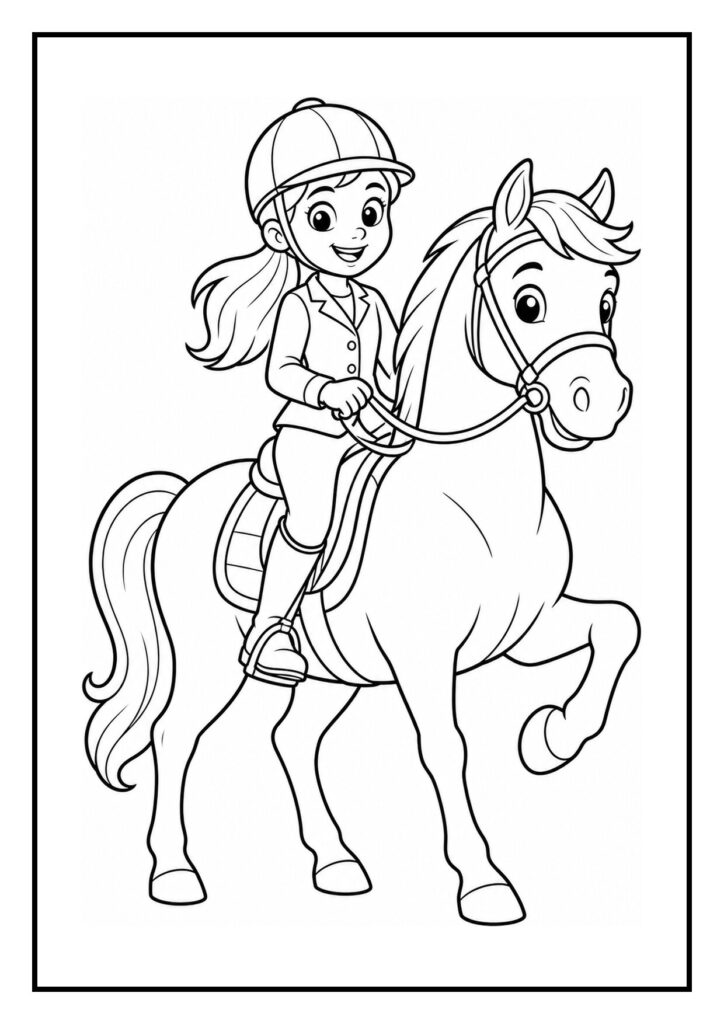 Kleurplaat van een vrolijk meisje dat een vriendelijke pony een beloning geeft na paardrijden