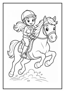 Kleurplaat van een meisje te paard dat haar paard helpt over een balk stappen in een eenvoudige, kindvriendelijke stijl.