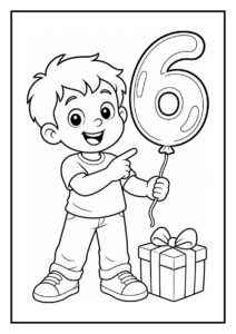 Kleurplaat van een jongetje dat een ballon in de vorm van het cijfer 6 vasthoudt en naar een cadeau wijst naast een versierde taart
