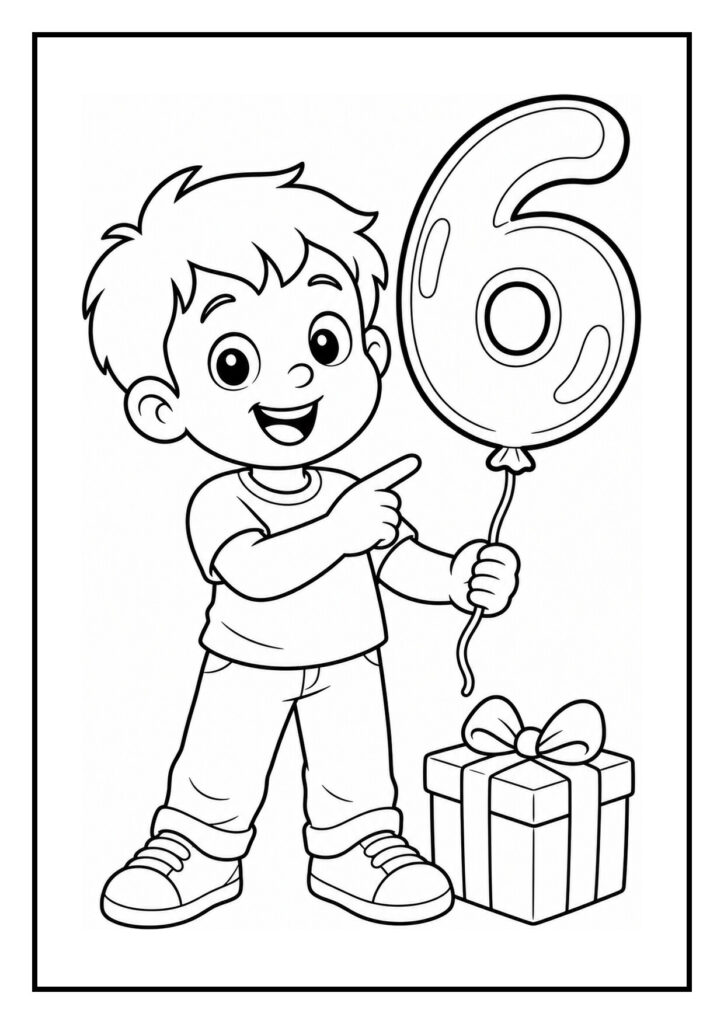 Kleurplaat van een jongetje dat een ballon in de vorm van het cijfer 6 vasthoudt en naar een cadeau wijst naast een versierde taart
