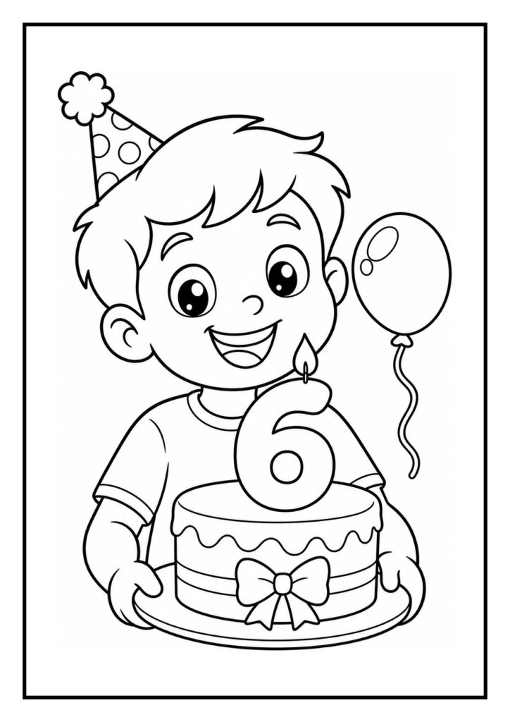 Kleurplaat van een vrolijk jongetje met een verjaardagstaart en een ballon, met een slinger die het cijfer 6 onthult