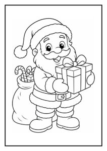 Kleurplaat van een vrolijke kerstman die een cadeau vasthoudt met een zak vol cadeautjes achter zich