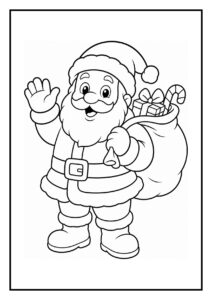 Kleurplaat van een vrolijke kerstman die zwaait en een zak met cadeautjes draagt in een rendier-slee