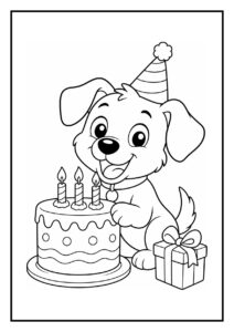 Schattige hond met feesthoed blaast eerste kaars uit op verjaardagstaart naast cadeau