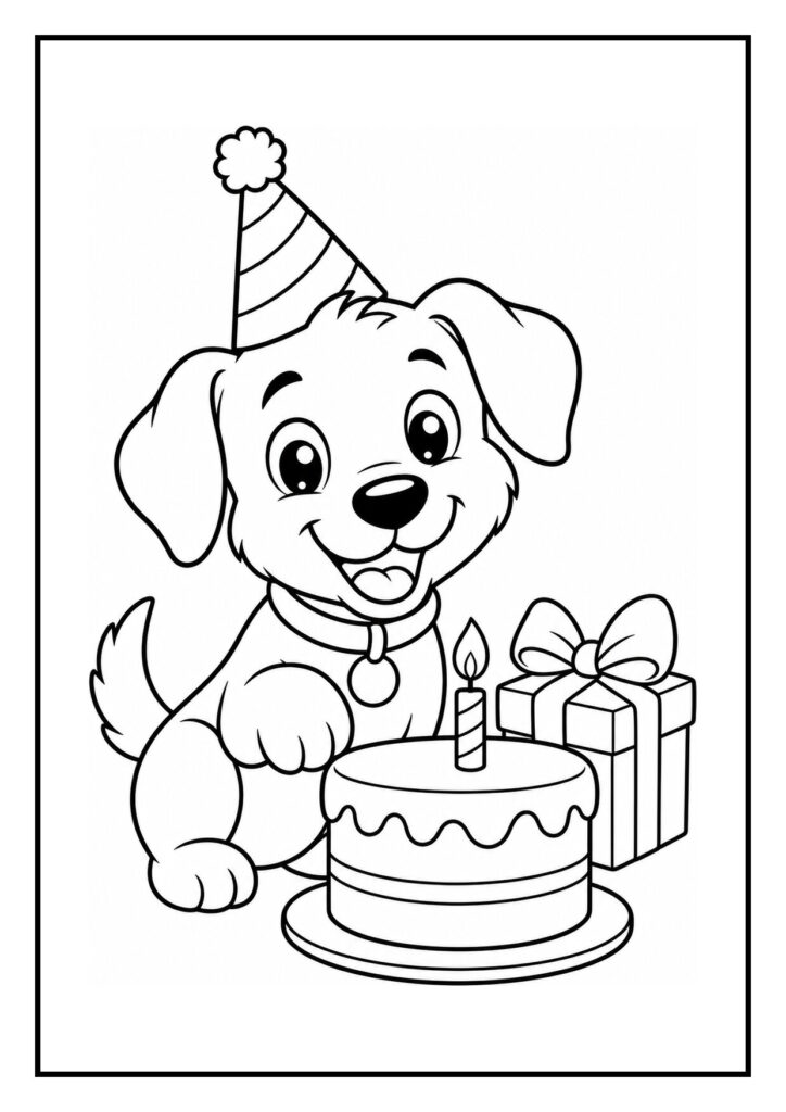 Kleurplaat van een vrolijke puppy met een feestmuts, een verjaardagstaart met kaarsje en een cadeau.
