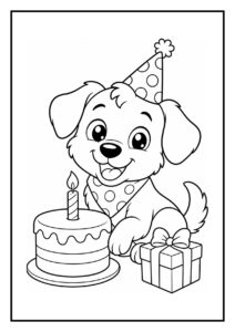 Kleurplaat van een vrolijke puppy met een verjaardagshoed, een verjaardagstaart met kaars en een cadeau